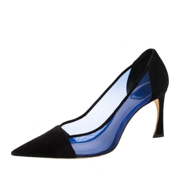 CHRISTIAN DIOR Black Suede And Blue Mesh Pointed Toe Pumps & Dust Bag Size 34.5 - Picture 1 of 11